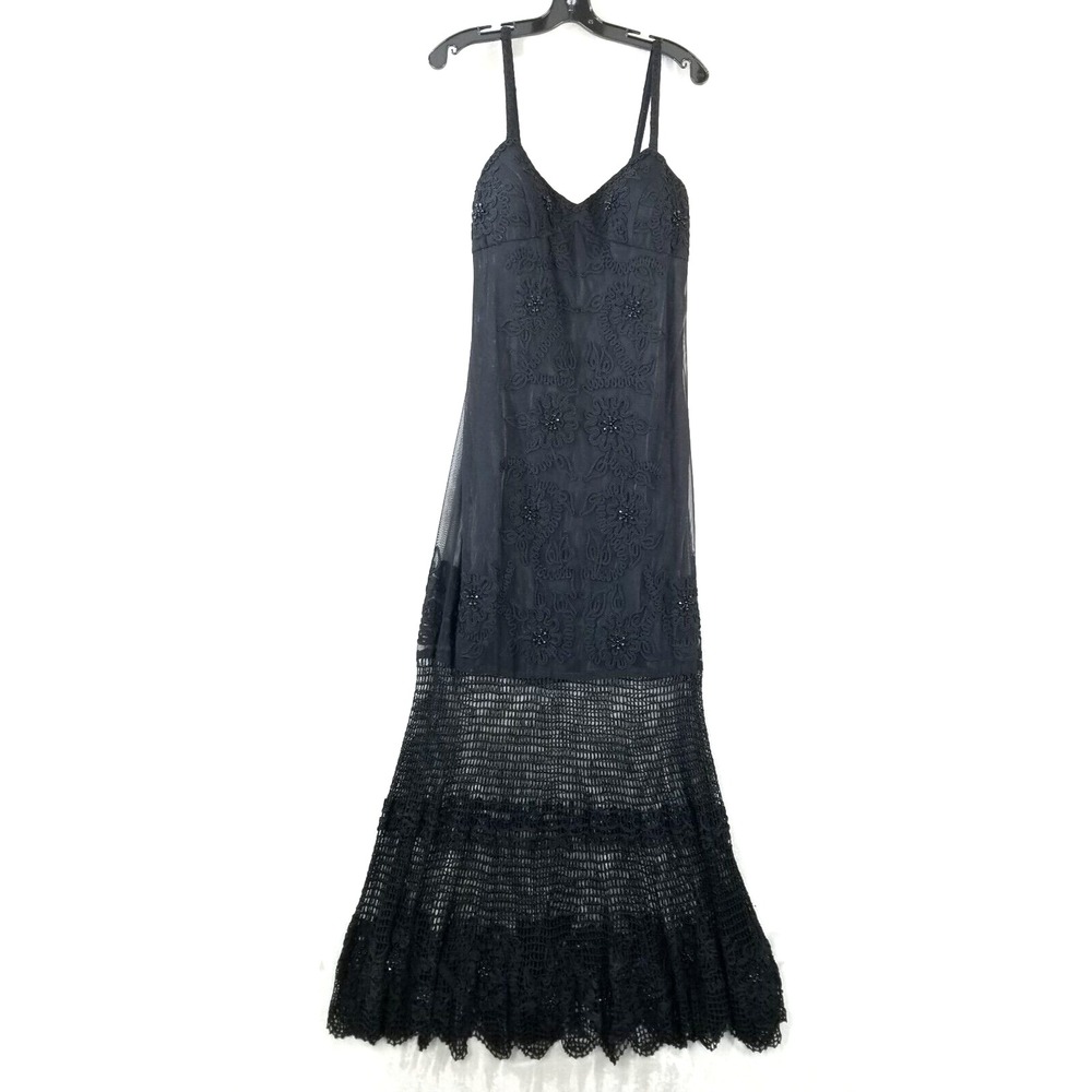 Vtg Maxi Dress Women 14 Black Beaded Crochet Embroidered Y2K Fairy Goth‎ Formal